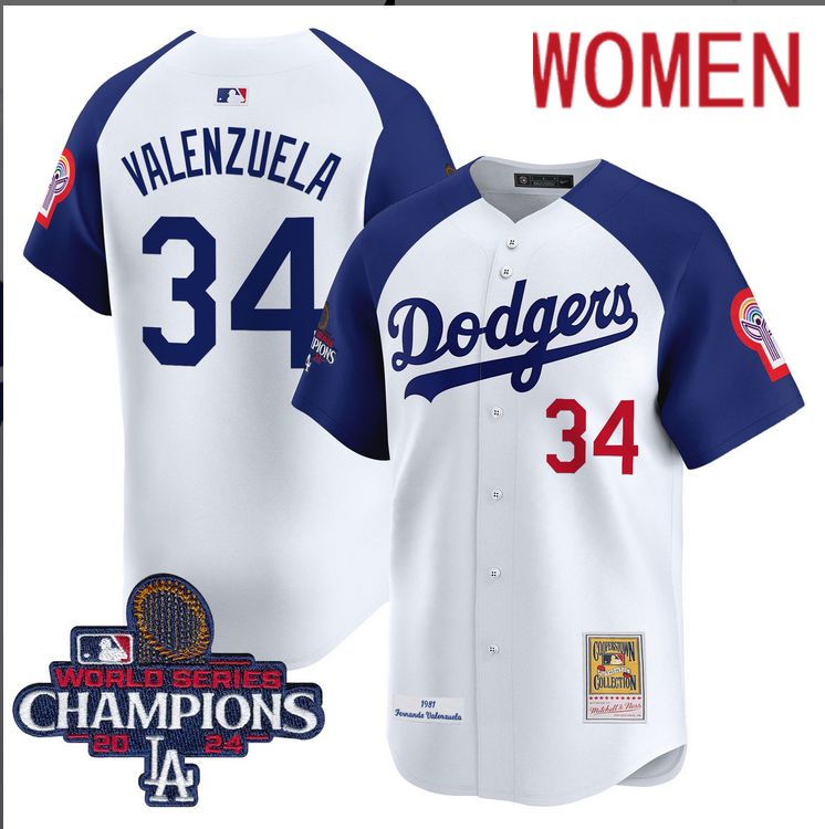 Women MLB Los Angeles Dodgers #34 Valenzuela white 2024 World Series Champions Patch Cooperstown Jersey style 2->women mlb jersey->Women Jersey